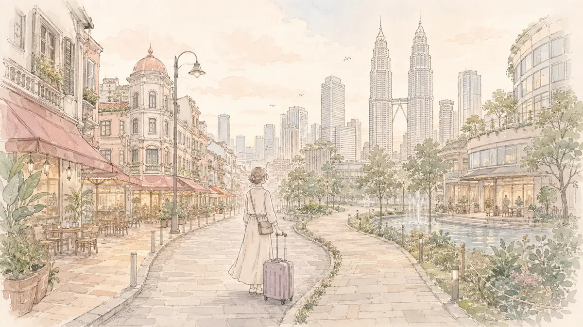 ブキッビンタンとKLCCの宿泊エリアを左右に並べて比較する旅行イラスト
