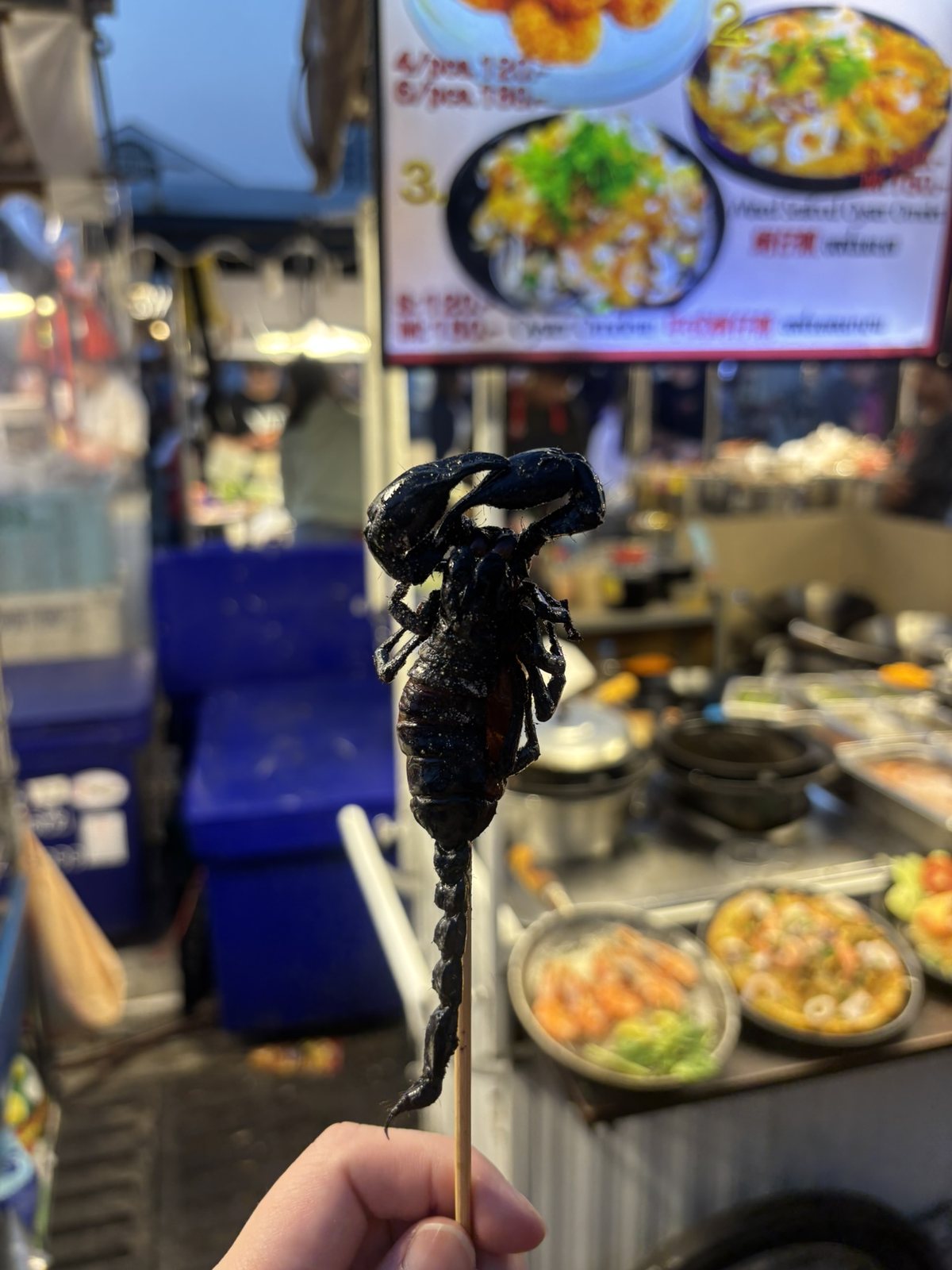 串に刺したサソリの素揚げ
