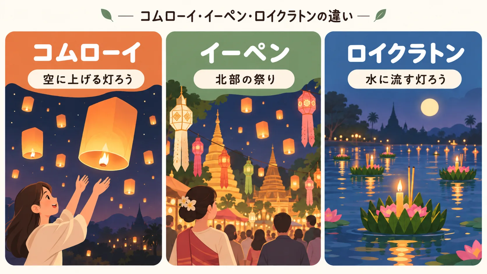 コムローイは空に上げる灯ろう、イーペンはタイ北部の祭り、ロイクラトンは水に灯ろうを流す行事として違いを示した比較図